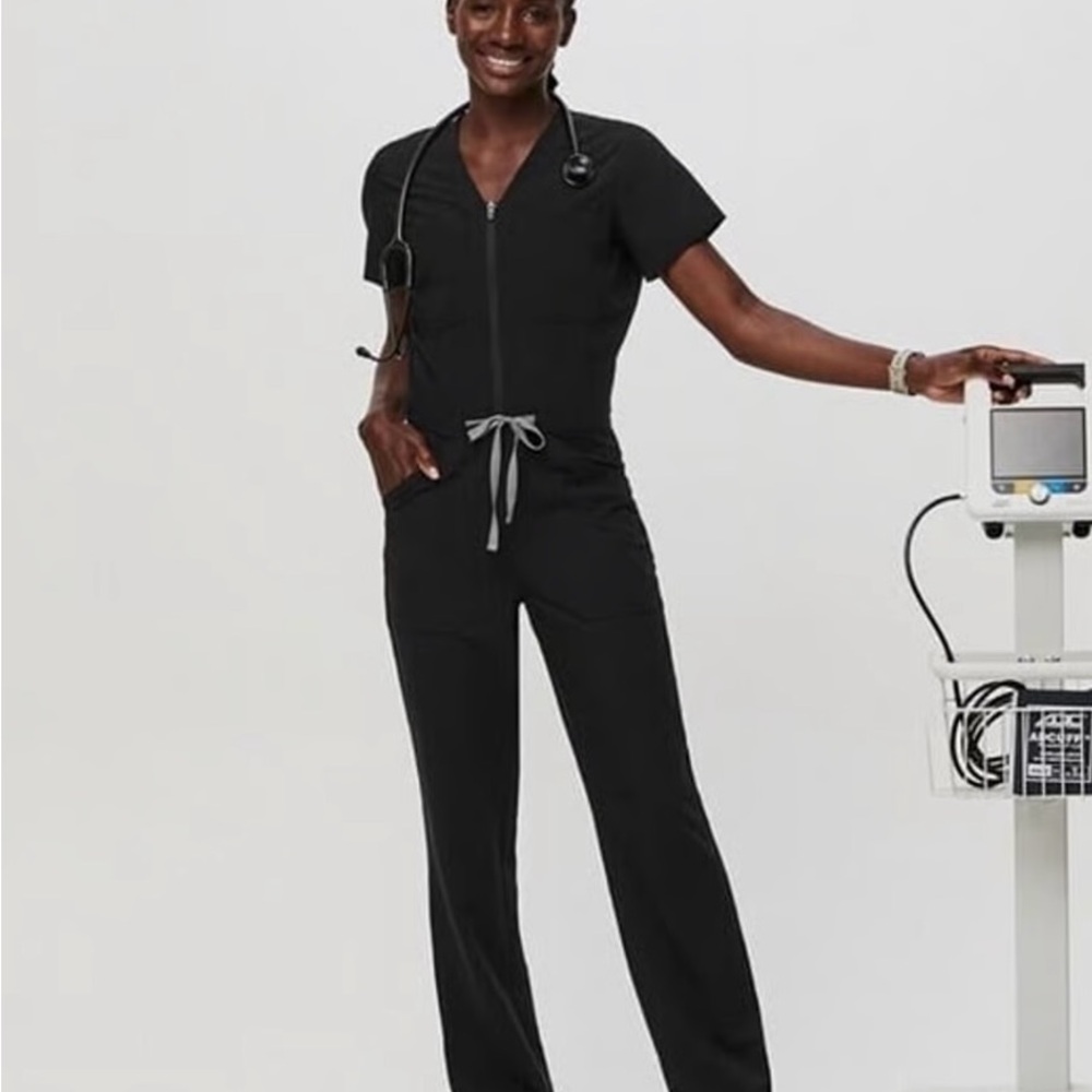 Figs Black Jumpsuit with V-Neck and Drawstring Waist